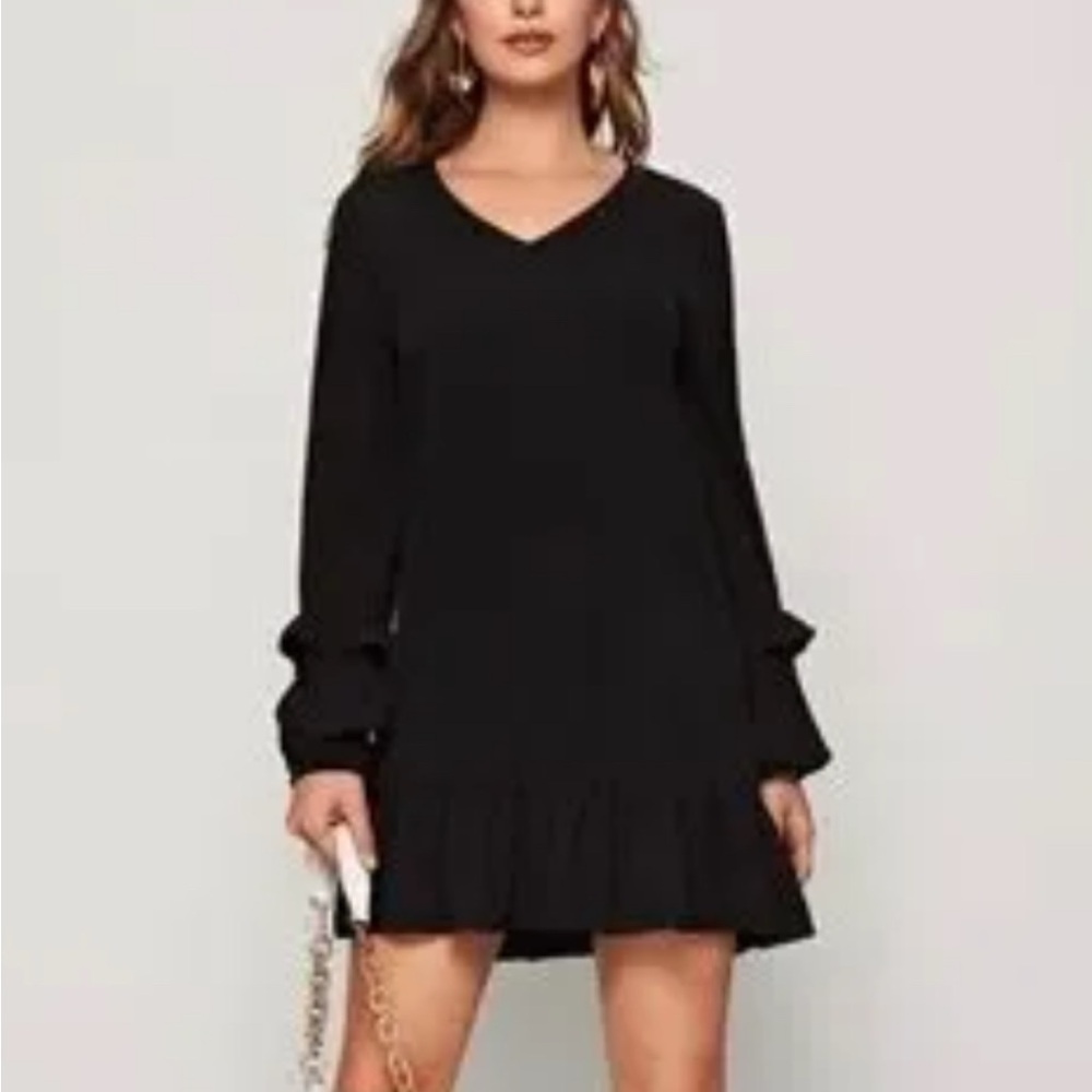 Zara Black Ruffled Cocktail Dress with Bishop Sleeves Size XS